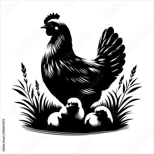 Mother Hen with Her Chicks silhouette vector. Happy mother hen walking with her cute little chicks