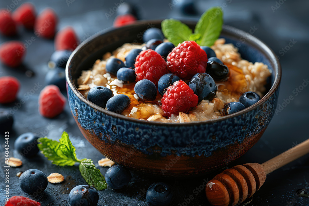 A realistic photo of an oatmeal breakfast spread with honey, berries, and seeds A realistic photo of an oatmeal breakfast spread with honey, berries, and seeds