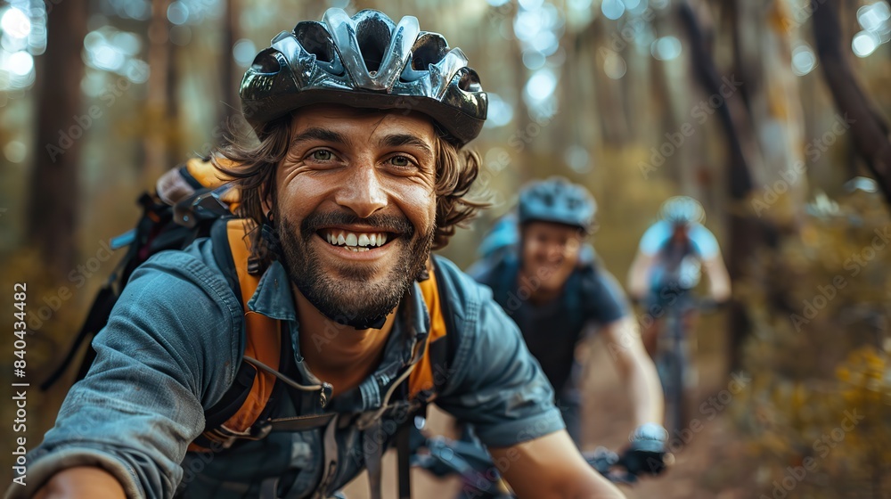 friends riding mountain bikes with smiles on their faces.stock image friends riding mountain bikes with smiles on their faces.stock image