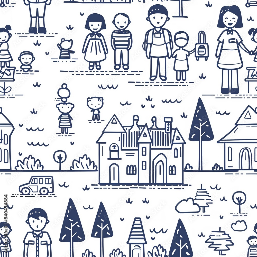A simple line drawing of a family attending a school event, with kids in uniforms, teachers, and a school building. Minimal pattern banner wallpaper, simple background, Seamless, A simple line drawing of a family attending a school event, with kids in uniforms, teachers, and a school building. Minimal pattern banner wallpaper, simple background, Seamless,