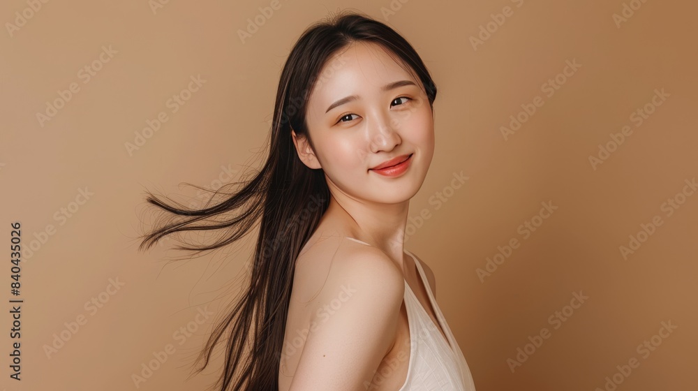 Portrait of a young woman with long black hair smiling gently. Her hair flows in the wind, and she wears a beige top. Portrait of a young woman with long black hair smiling gently. Her hair flows in the wind, and she wears a beige top.