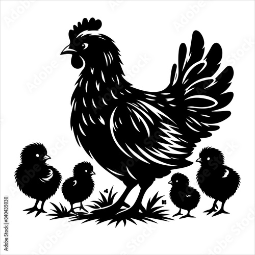 Mother Hen with Her Chicks silhouette vector. Happy mother hen walking with her cute little chicks