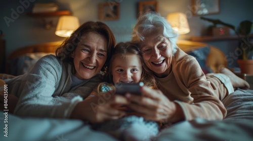 Little girl enjoys time with her mother and grandmother at home, lying in bed with her smart phone, laughing while watching funny videos on social networks.