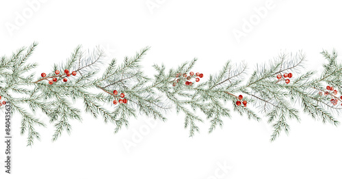 Seamless border Watercolor Christmas tree branches and red berry of ilex. Hand painted illustration on isolated background. Banner garland of fir tree branches for christmas and new year.