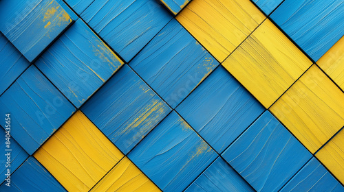 Fundo geométrico azul e amarelo com um padrão diagonal de quadrados texturizados photo