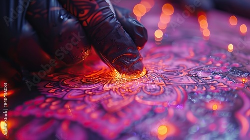 in neon light tattoo master s hand is seen in black glove holding machine for creating tattoo art on body.stock photo