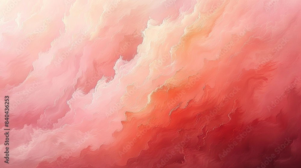 A painting of pink and orange hues against a white and pink backdrop, featuring a red-yellow stripe at its base A painting of pink and orange hues against a white and pink backdrop, featuring a red-yellow stripe at its base