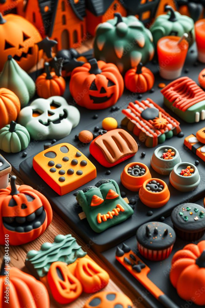 A selection of Halloween-themed treats and snacks, including decorated cookies and mini pumpkins, arranged for a festive celebration A selection of Halloween-themed treats and snacks, including decorated cookies and mini pumpkins, arranged for a festive celebration