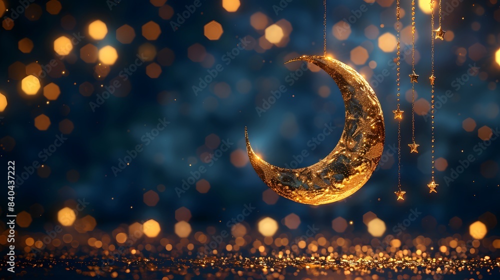 A golden crescent moon and stars hanging on the background with bokeh lights, in the style of a Ramadan Islamic concept design. A golden crescent moon and stars hanging on the background with bokeh lights, in the style of a Ramadan Islamic concept design.