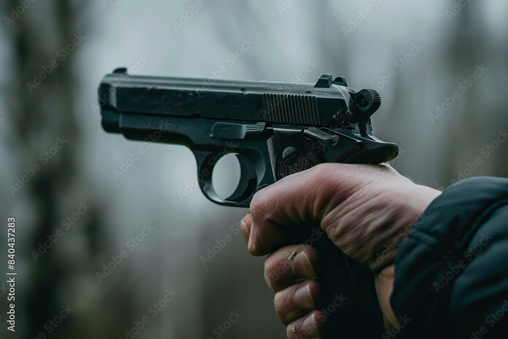 Generative ai on theme of a man aims through the sight of combat metal pistol to hit the target Generative ai on theme of a man aims through the sight of combat metal pistol to hit the target