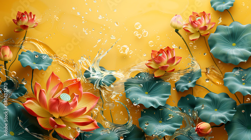 Vivid lotus flower blossom with yellow background.