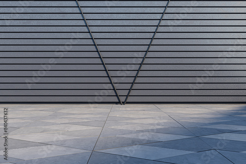 Fototapeta Naklejka Na Ścianę i Meble -  Contemporary gray linear wall outdoor exterior with sunlight. 3D Rendering.
