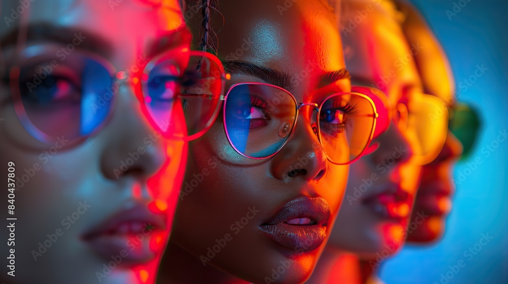 collage of models on a multicolored neon background photographs of a group of people on a multicolored neon background.stock image collage of models on a multicolored neon background photographs of a group of people on a multicolored neon background.stock image