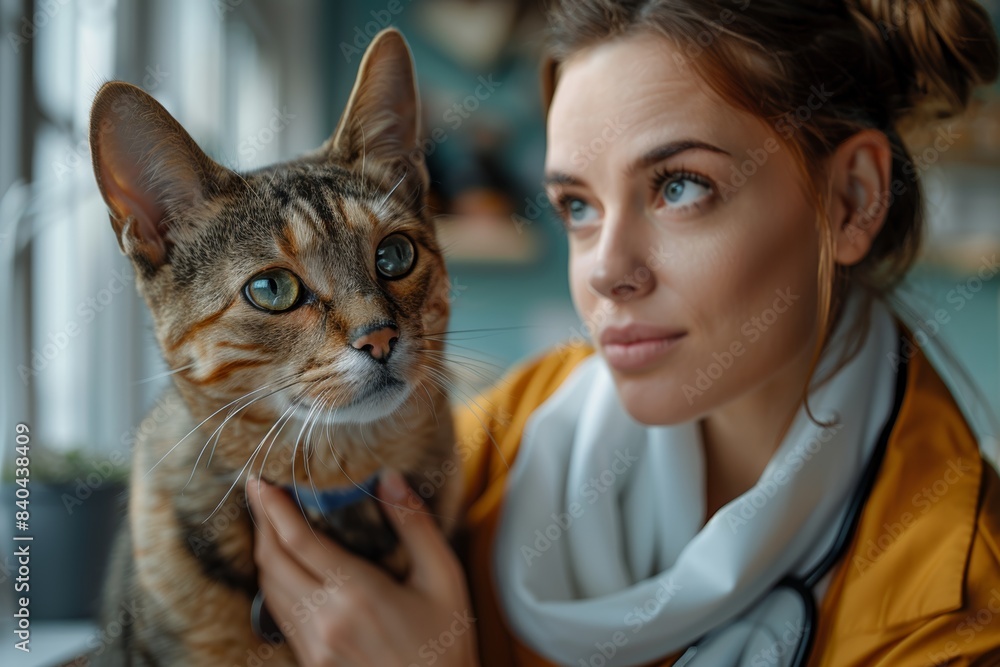 Caring veterinarian consulting with worried pet owner in clinic Caring veterinarian consulting with worried pet owner in clinic