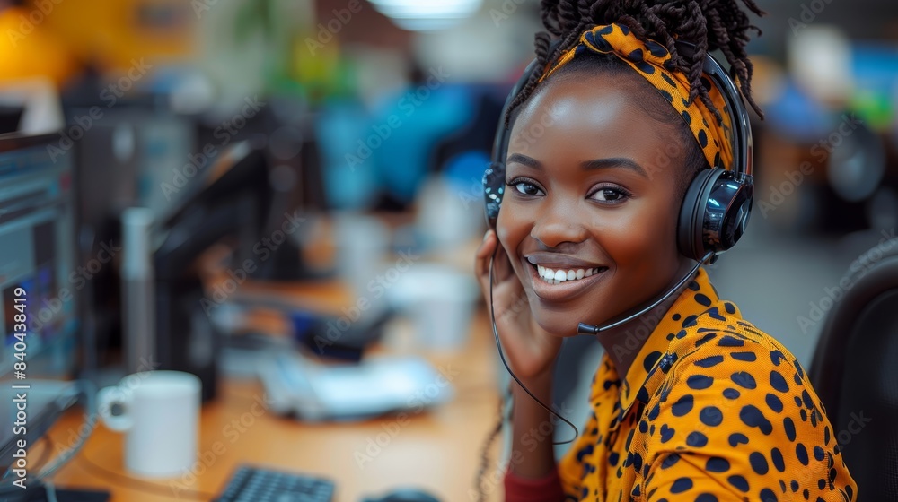 an African woman who works in a call center. Sitting at a desk. Answering the phone, smiling. an African woman who works in a call center. Sitting at a desk. Answering the phone, smiling.