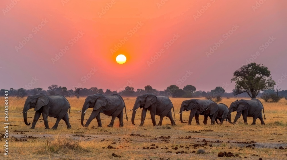 Elephant herd crossing arid grassland at sunset with silhouetted trees and sun in background