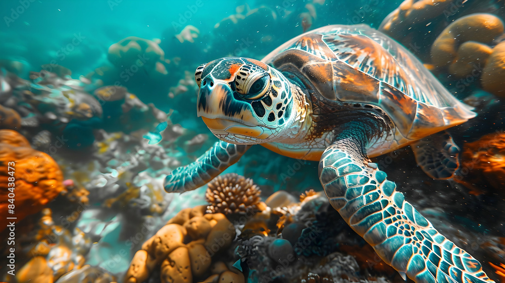 A vibrant nature coral reef landscape with sea turtles gliding through the water A vibrant nature coral reef landscape with sea turtles gliding through the water