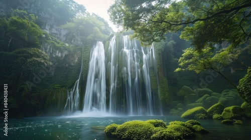 Majestic Waterfall Surrounded by Lush Green Trees