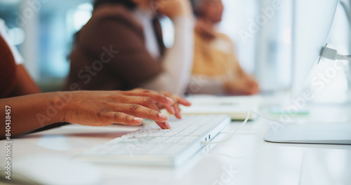 Hands, woman and typing keyboard in office on computer, research or website for writing news report as journalist. Person, desktop and editing online article, review or story as copywriting agent
