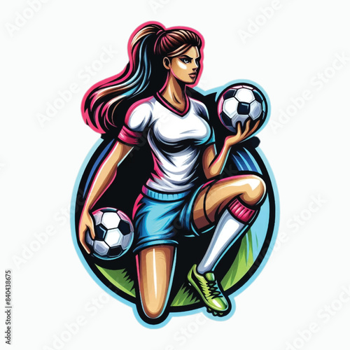 a soccer player girl holding a ball, simple logo