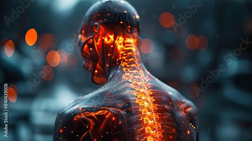 this illustration illustrates a man suffering from back pain and a glowing representation of the spine emphasizing the complex structure and vulnerability of the spinal region.stock photo photo