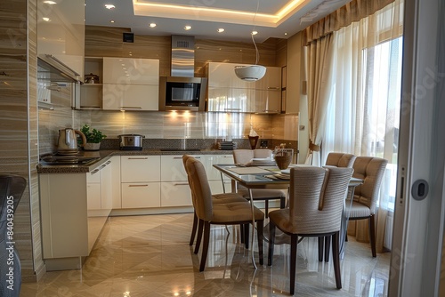 Beige kitchen interior with dining table