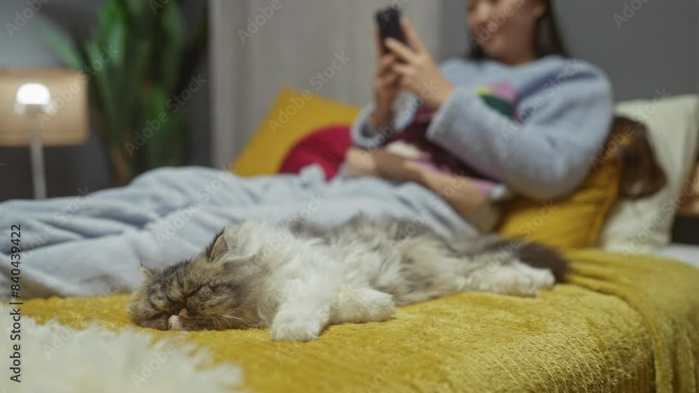 A young asian woman relaxes on a bed in a cozy bedroom, focused on her phone while her fluffy cat sleeps peacefully nearby on a yellow blanket. A young asian woman relaxes on a bed in a cozy bedroom, focused on her phone while her fluffy cat sleeps peacefully nearby on a yellow blanket.