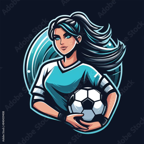 dark background a soccer player girl holding a ball, simple logo