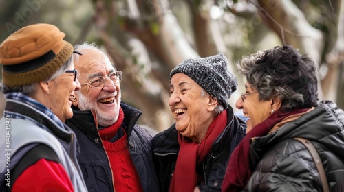 A diverse group of middle-aged people are smiling and laughing outdoors, dressed in winter attire with scarves and hats, against a snowy backdrop.