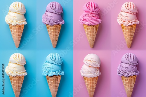 Overhead view of colorful ice cream cones on a split pink and blue background 
