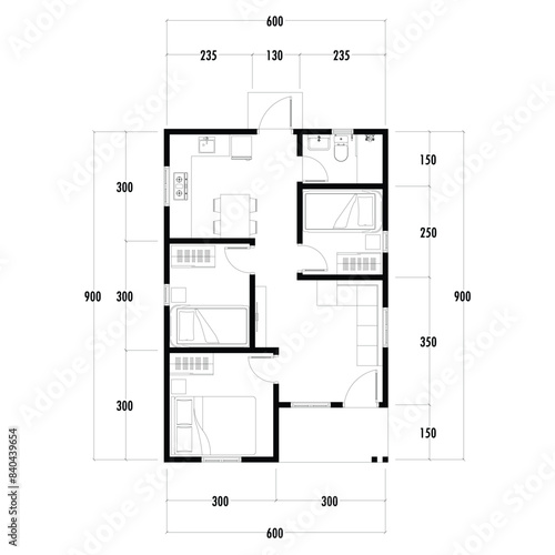 Black and White floor plan of a modern unfurnished house for your design. Suburban house vector blueprint. Architectural background. eps 10