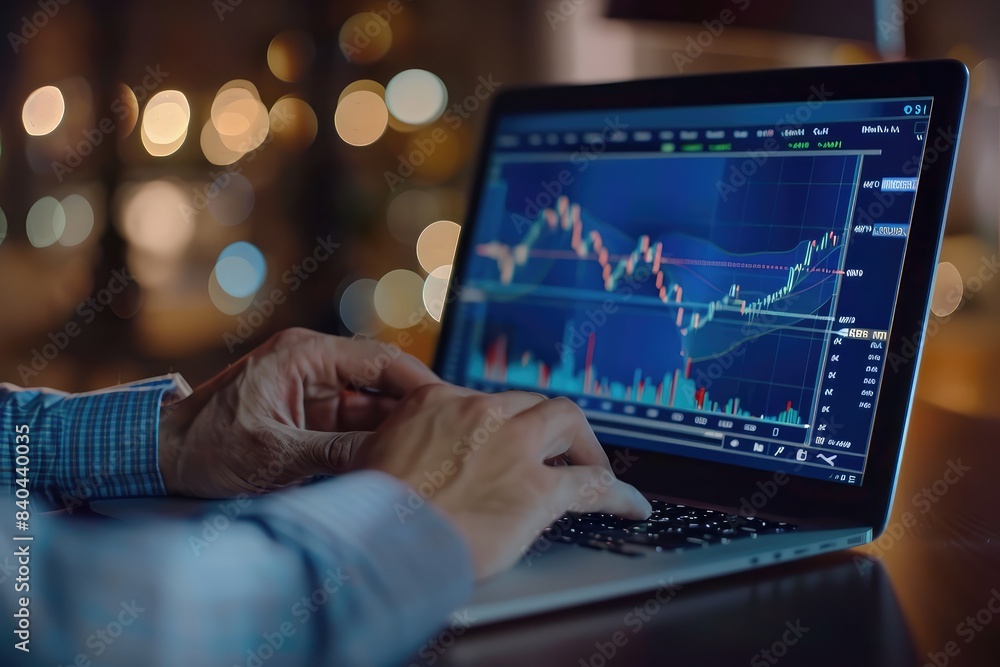 Businessman using laptop, forex diagrams with arrows Businessman using laptop, forex diagrams with arrows