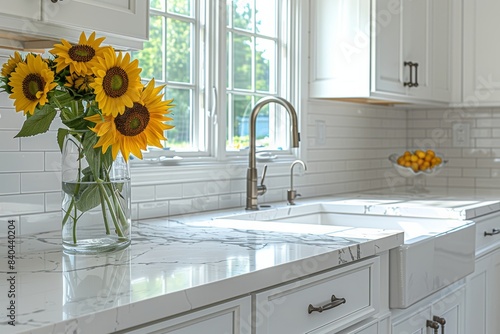  Beautiful white kitchen with marble countertop and sunflower in a vase on the counter  bright sunny day  white cabinets  window over the sink