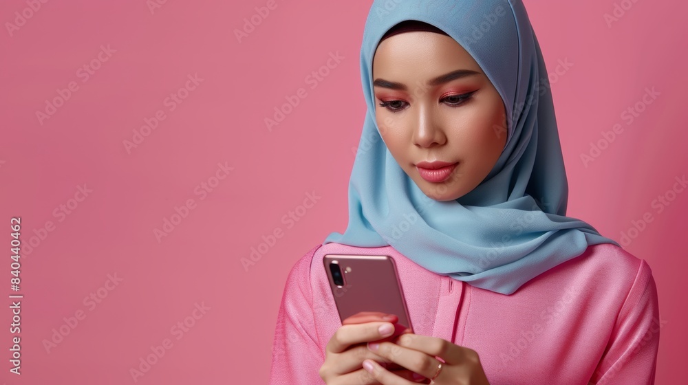 indonesian woman wearing hijab looking at phone, Pink background