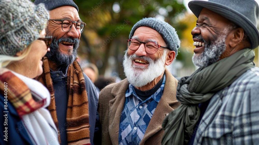 Fototapeta premium A diverse group of middle-aged people are smiling and laughing outdoors, dressed in winter attire with scarves and hats, against a snowy backdrop.