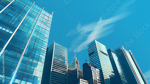 cinematic  office building with reflective window  blue clear sky   tall building  varied building