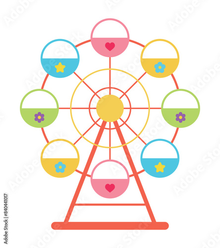 Illustration of a cute and colorful Ferris wheel at theme parks and amusement parks.