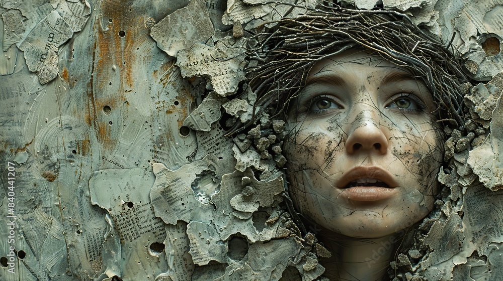this is a surreal portrait collage featuring phrases a bird nest and contrasting textures on a spotted background conceptual art based on psychology surrealism health and science.stock image this is a surreal portrait collage featuring phrases a bird nest and contrasting textures on a spotted background conceptual art based on psychology surrealism health and science.stock image
