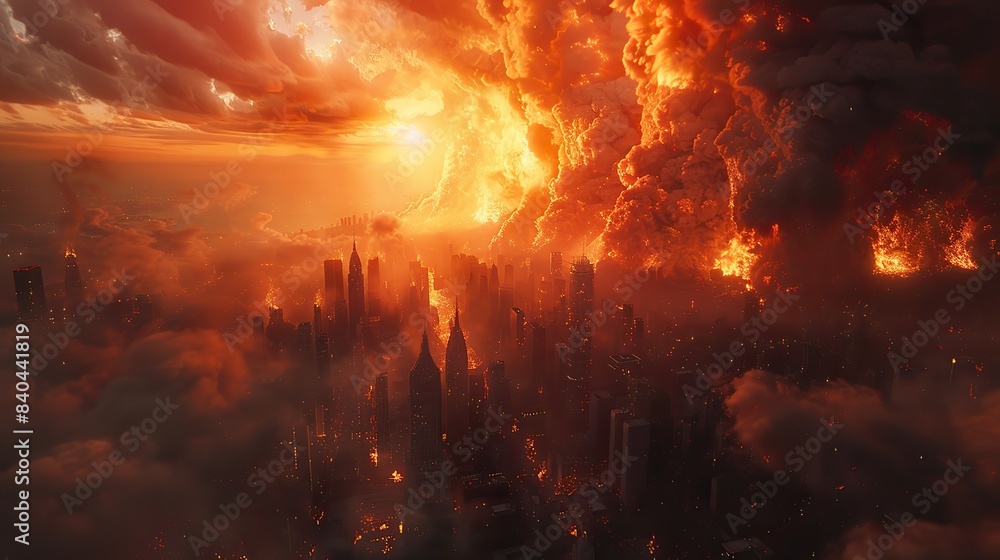 Fototapeta premium a stunning aerial shot depicting a city on fire straight out of a blockbuster.stock illustration