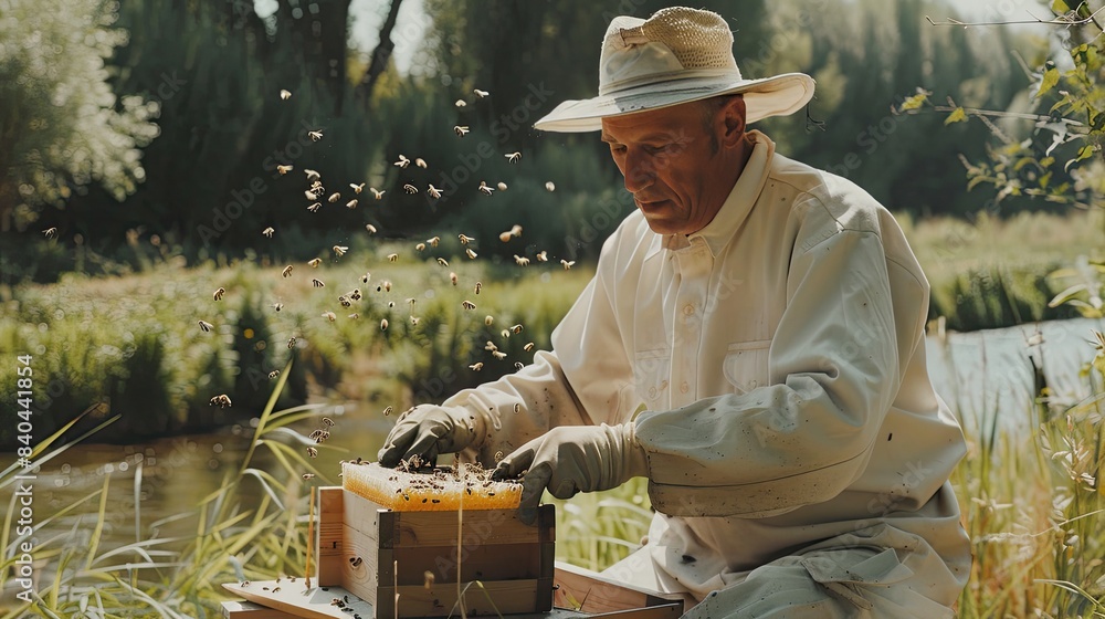 A beekeeper in full protective gear tends to beehives near a serene river, surrounded by buzzing bees and honeycombs A beekeeper in full protective gear tends to beehives near a serene river, surrounded by buzzing bees and honeycombs