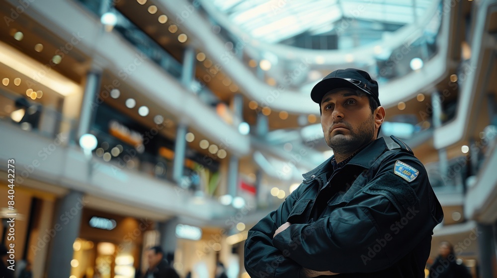 A security guard in black stands vigilant at a shopping mall. Concept Security Guard, Black Uniform, Vigilant, Shopping Mall, Authority Figure A security guard in black stands vigilant at a shopping mall. Concept Security Guard, Black Uniform, Vigilant, Shopping Mall, Authority Figure
