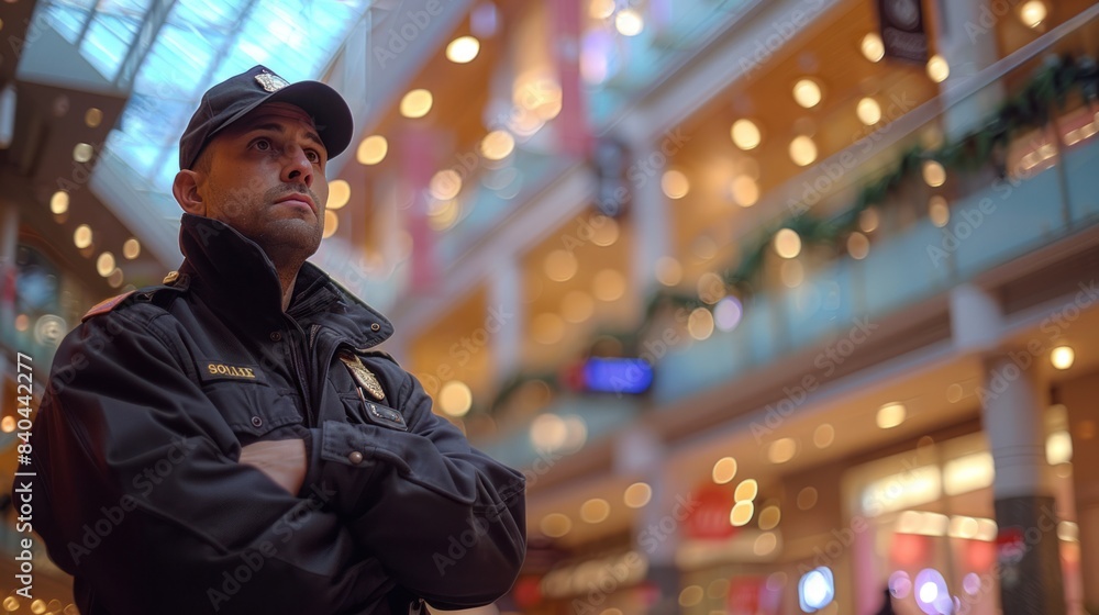 A security guard in black stands vigilant at a shopping mall. Concept Security Guard, Black Uniform, Vigilant, Shopping Mall, Authority Figure A security guard in black stands vigilant at a shopping mall. Concept Security Guard, Black Uniform, Vigilant, Shopping Mall, Authority Figure