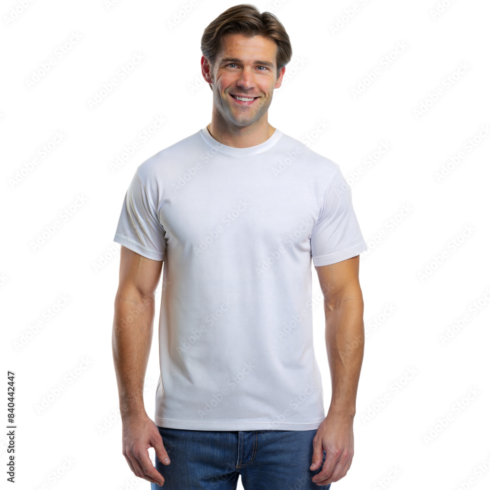 Smiling man wearing white t-shirt and jeans posing confidently Smiling man wearing white t-shirt and jeans posing confidently