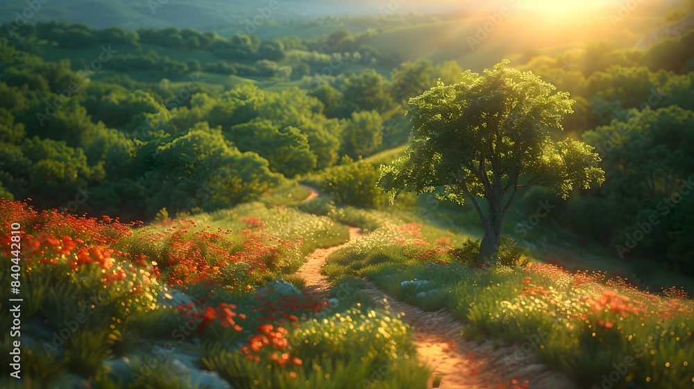 A vibrant nature forest steppe landscape with a winding path through the mix of grasslands and trees A vibrant nature forest steppe landscape with a winding path through the mix of grasslands and trees