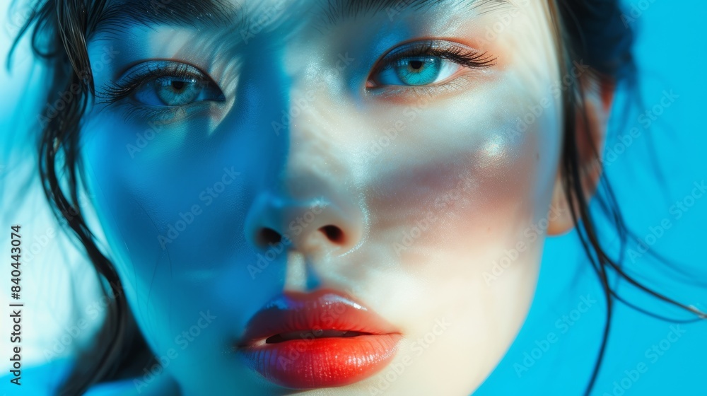 Young Japan woman with beautiful bright brown eyes with shining blue shadows, beige lipstick and expressive eyebrows, pitted look of colored paper, fashion, beauty, make-up, cosmetics, salon style Young Japan woman with beautiful bright brown eyes with shining blue shadows, beige lipstick and expressive eyebrows, pitted look of colored paper, fashion, beauty, make-up, cosmetics, salon style