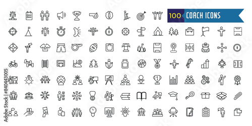 Coach icons set. Outline set of coach vector icons for ui design. Outline icon collection. Editable stroke.