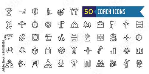 Coach icons set. Outline set of coach vector icons for ui design. Outline icon collection. Editable stroke.