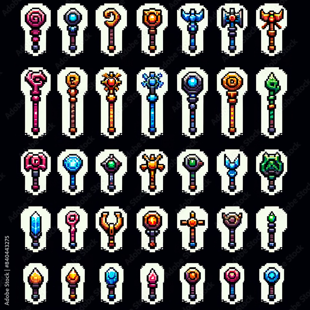 A collection of RPG game icons featuring pixel art ancient staffs A collection of RPG game icons featuring pixel art ancient staffs