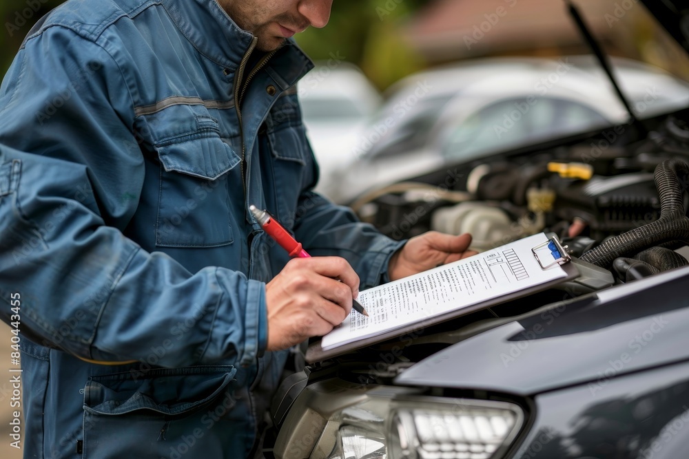 Auto mechanic inspecting car engine, creating maintenance checklist on clipboard Auto mechanic inspecting car engine, creating maintenance checklist on clipboard