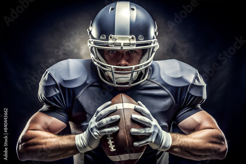 American Football Player Holding Ball in a Studio Setting